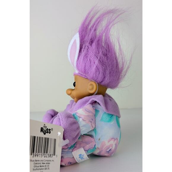 VTG Russ Luv Pet Easter Bunny Troll Doll w/ Tags 5" Girl Purple Hair Floral PJs - Picture 2 of 7
